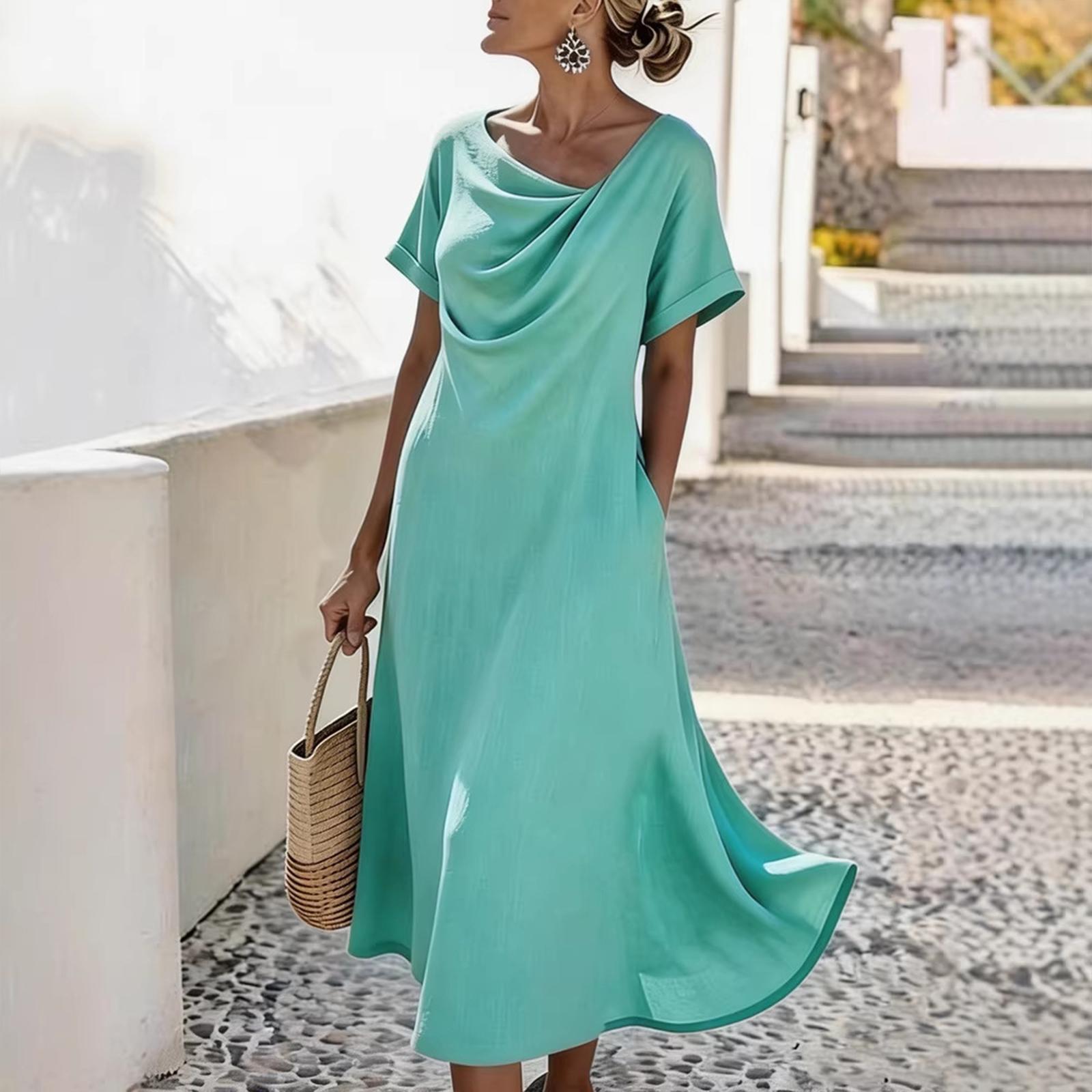 

Women s Fashionable Irregular Collar Short Sleeved Bohemian Loose Pocket Vacation Beach Long Dress S синий