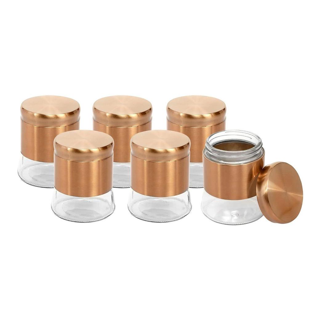 Rose Gold Finish - Bell Bottom Glass Jars for Sugar,Cereal, Spices, Pulses and Other Kitchen Storage 1250ml, Set of 6