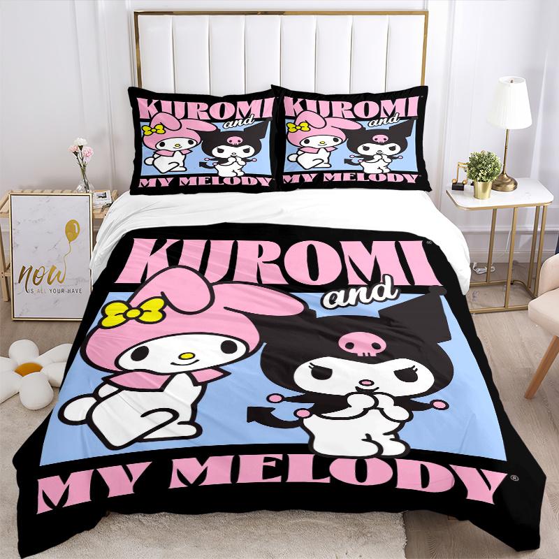 3pcs Kuromi and My Melody Sanrio Pattern Bedding Set, 1* Cover + 2*Pillowcases, Printed Bedding Set, Soft and Comfortable.W051