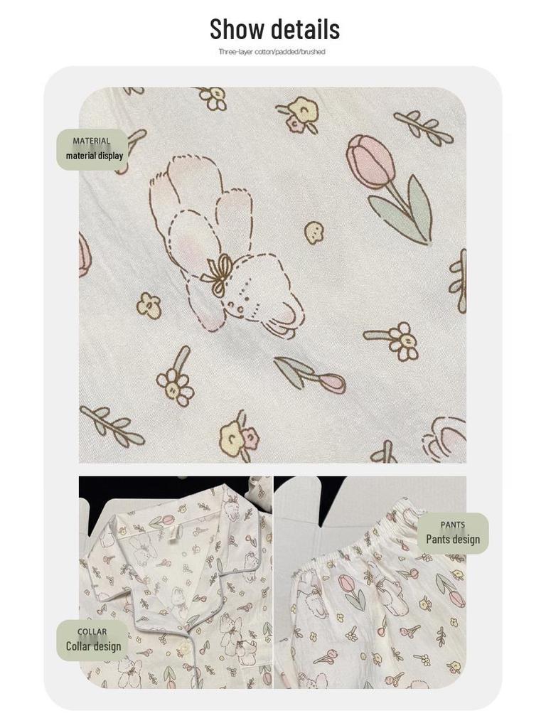 Damen Cartoon Pyjama-Set aus Wolkenbaumwolle mit Brustpolster - Langarm-Cardigan und Revers für Frühling und Herbst