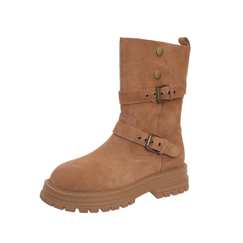 2025 autumn new retro wind matte leather rivet belt buckle two wear medium boots women's thick heel thick sole Martin boots