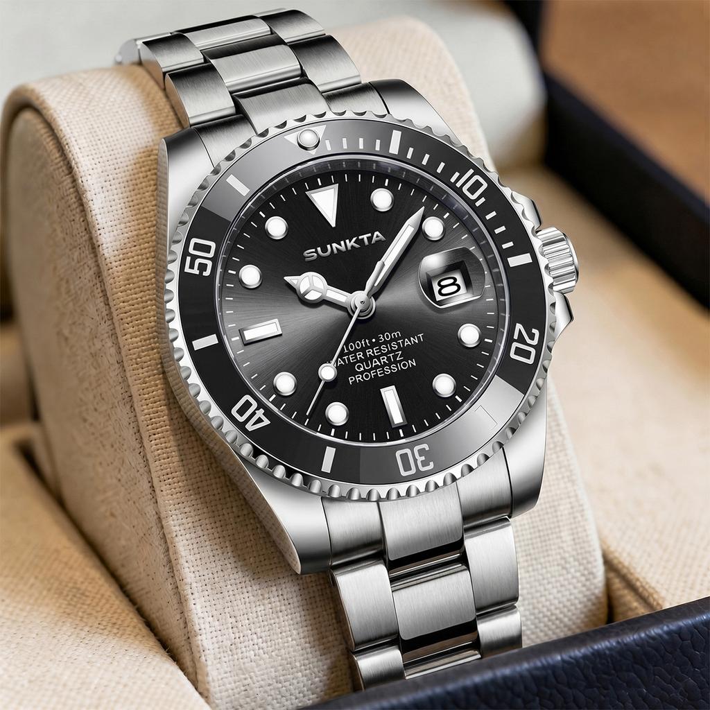 SUNKTA Fashion Luxury Wristwatch Retro Auto Date Casual Sports Classic Stainless Steel Band Life Waterproof Quartz Watches Male