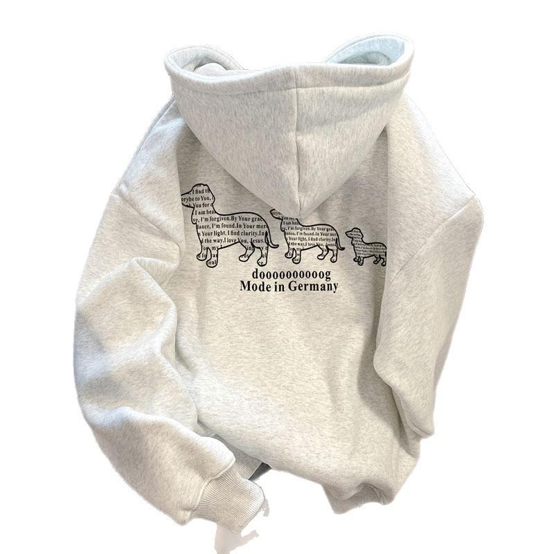 Autumn and winter retro printing heavy hooded sweater men's fleece thickened ruffian handsome loose versatile pullover woman
