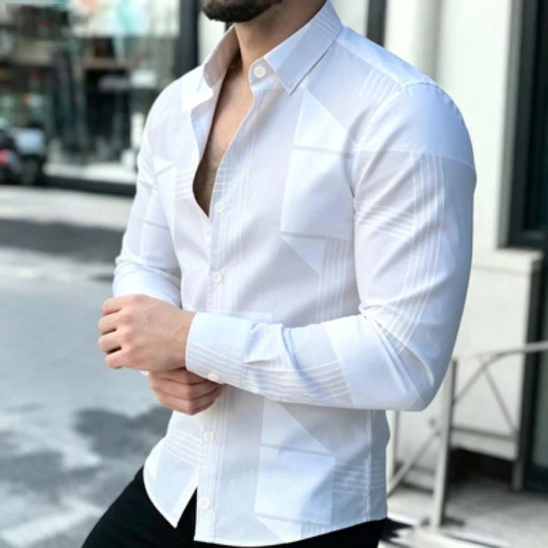 Trendy Geometric Pattern Long-sleeve Men's Shirt, Versatile for Daily and Smart Casual Looks.