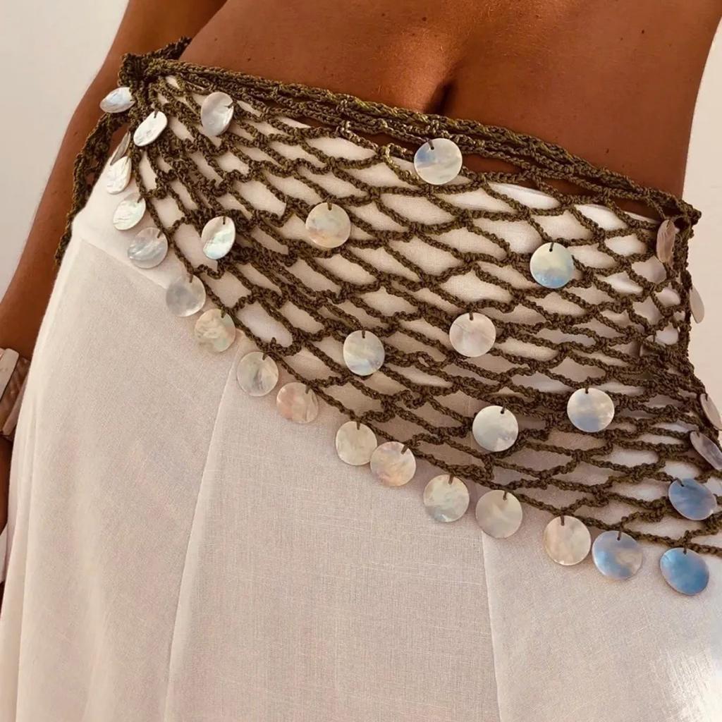 hirigin Women Boho Crochet Sequin Shell Hip Scarf Irregular Mesh Handmade Knit Beach Wrap Skirt Summer Vacation Festival Wear