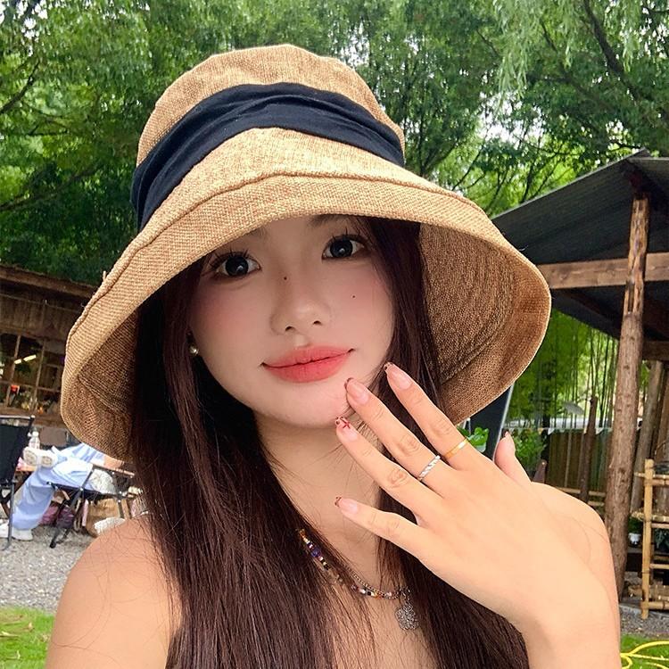 Summer Bucket Hat Breathable Fisherman Hat Women's Outdoor Travel Large Eaves UV Rolled Edge Folding Visor