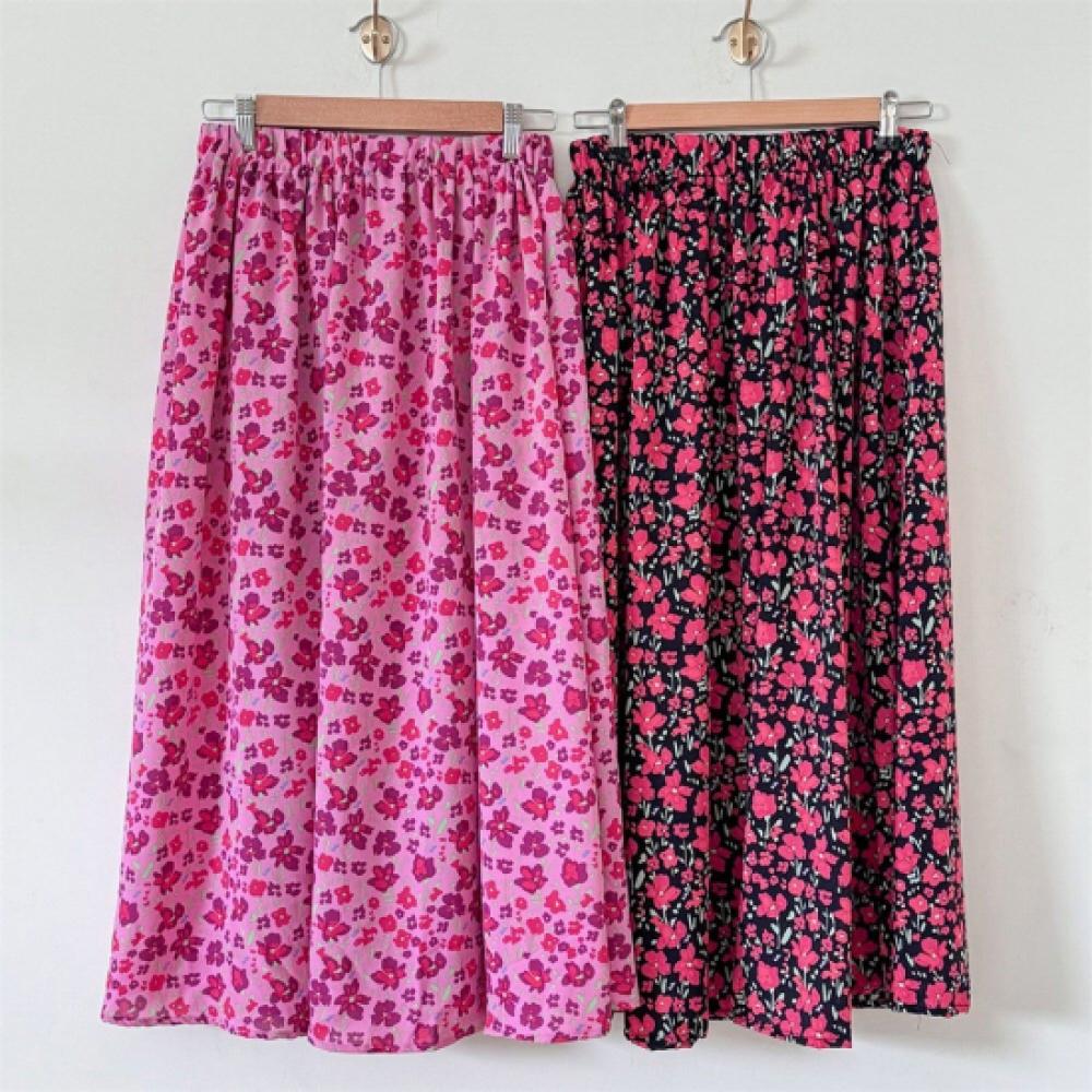 New Arrivals Open Run Women Flower Pattern Flare Long Skirt Big Size Banding