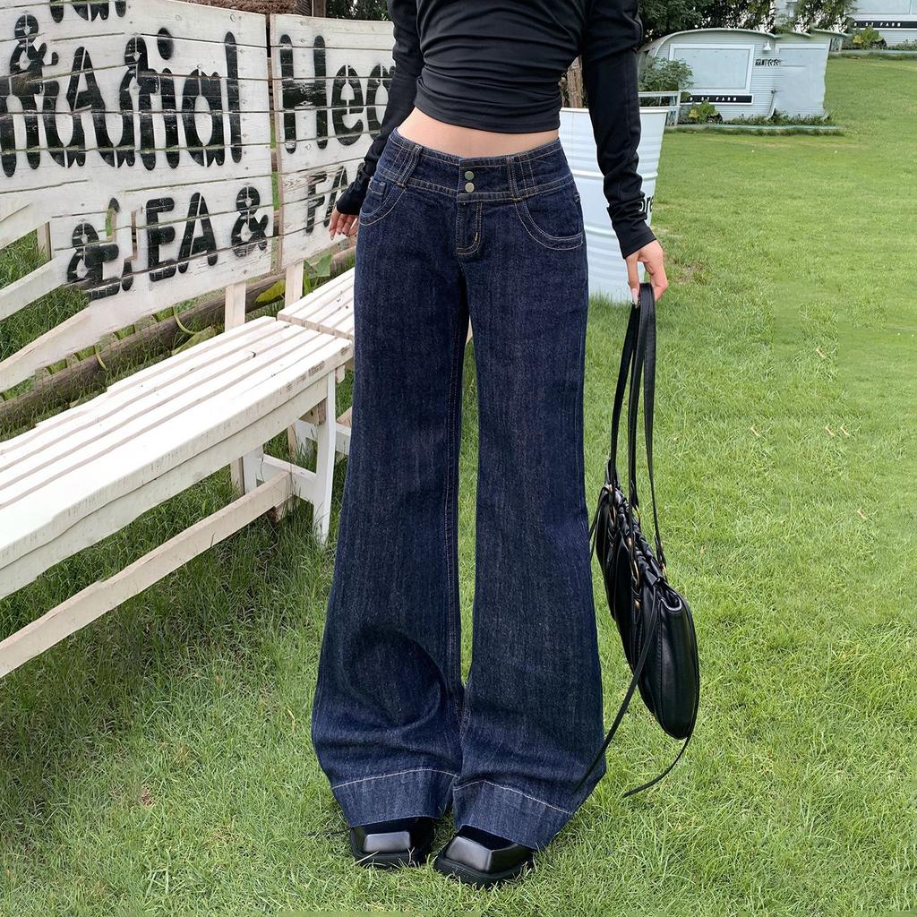 Low-rise double-button slightly pulled jeans women's year autumn and winter new Spice Girl loose wide-leg thin horseshoe flared pants