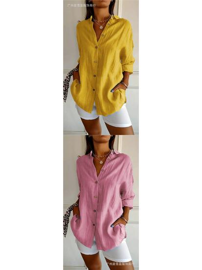 Women's Solid Color Single-Breasted Pleated Lapel Shirt with Roll-Up Sleeves - European & American Style