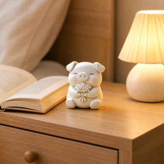 3D Printed Cute Pig Bouquet Figurine, Matte White Animal Sculpture, Smooth Decor Ornament with Rose & Bow, Stable Statue for Desktop Car Entrance