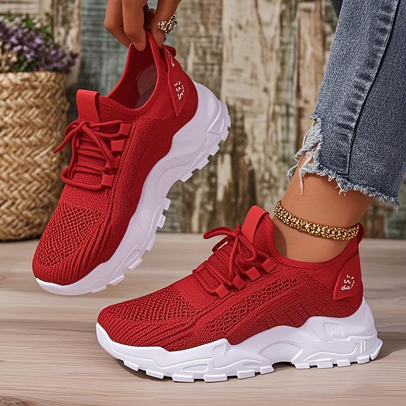 

Женские дышащие вязаные спортивные кроссовки - Легкие низкие кроссовки для бега, удобные кроссовки на мягкой подошве для повседневной носки, с сеткой 35 красный