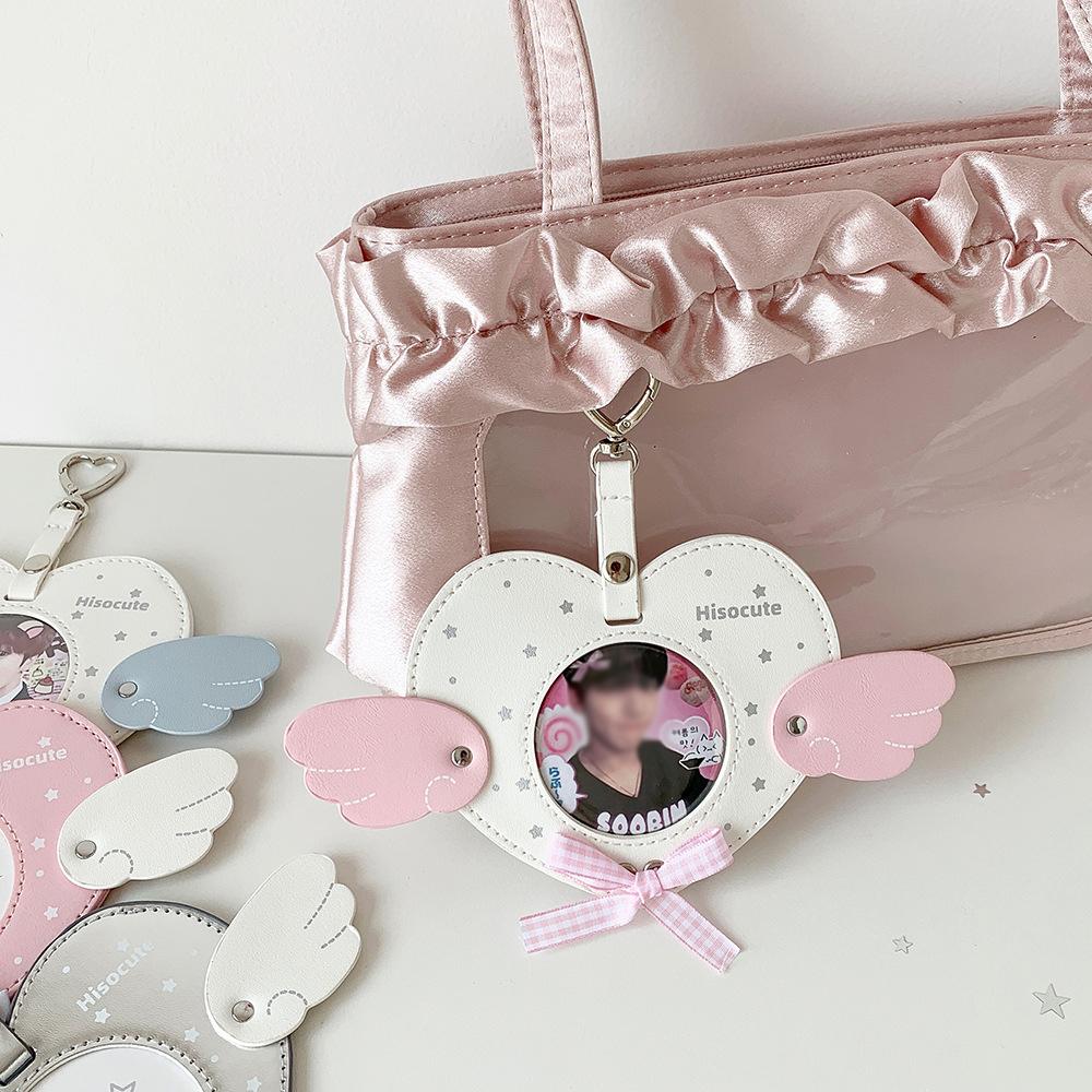 Leather ballet strap badge protective sleeve, anime props badge gift, angel wing shape storage bag display pendant