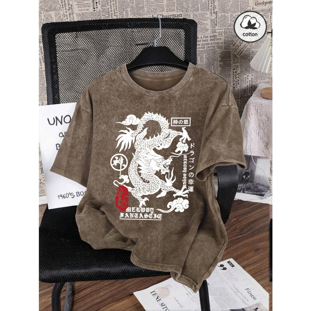 Japanische Harajuku Drachenaufdruck Damen Gewaschene T-Shirts Lässiges T-Shirt Sommer Hip Hop Streetwear Baumwolle Übergroße Kleidung