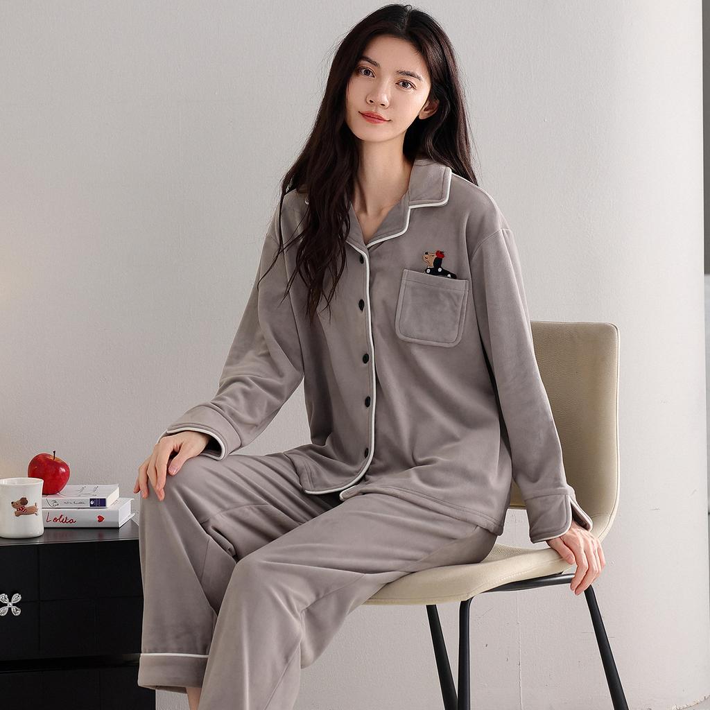 Island Fleece Pajamas Women'S Autumn And Winter Fleece Thickened Coral Fleece Thin Fleece Thermal Loungewear Set