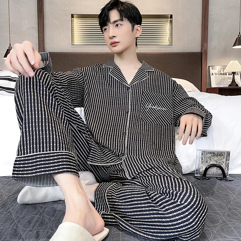 Plaid Style Men's Pajamas Set Spring Cotton Male Pajamas Sets Young Boy Sleepwear Long Sleep Tops + Pant 2pcs/set Pjs