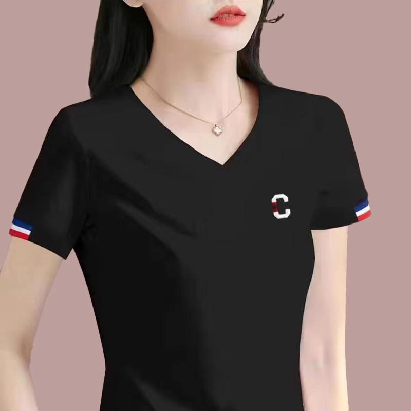 Women's 2025 Summer V-Neck Cotton White Short-Sleeve T-Shirt - High-End, Stylish, Hot-Selling Top