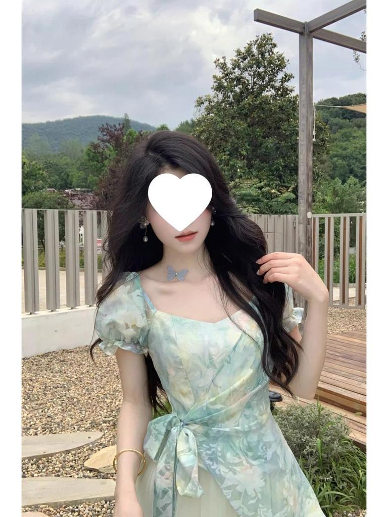 Tea Break French Sweet Marbled Patchwork Mesh Dress with Cinched Waist