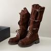 Cowhide Version Inner Height Increase and Thin Leather Matte Wasteland Miu Wind Tall Knight Boots Women's Thick Heels But Knee Boots
