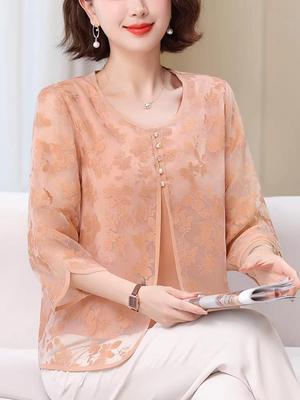 Haut en mousseline imitation deux pièces Printemps Maman - Chemise d'été 2026 à manches trois quarts pour femmes d'âge moyen et âgées
