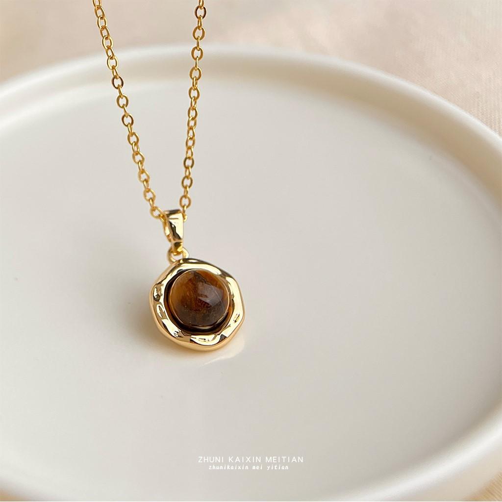Thick Plated Real Gold Strong Color Retention Natural Stone Tiger's Eye Stone Necklace Literary and Medieval, Collarbone Chain Jewelry