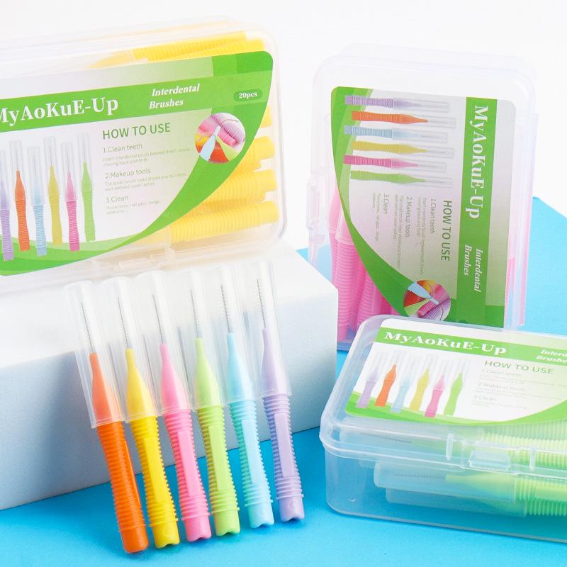 Zestaw szczoteczek międzyzębowych i ortodontycznych: 20 szczelin zębowych, mała brew, cylindryczne szczoteczki do rzęs - 20 sztuk