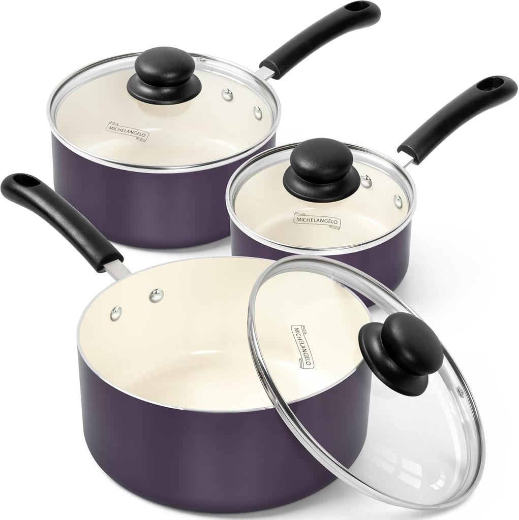 MICHELANGELO Nonstick Sauce Pan Set with Lid 1QT 2QT 3QT Ceramic Copper Saucepan Dishwasher Safe Cookware