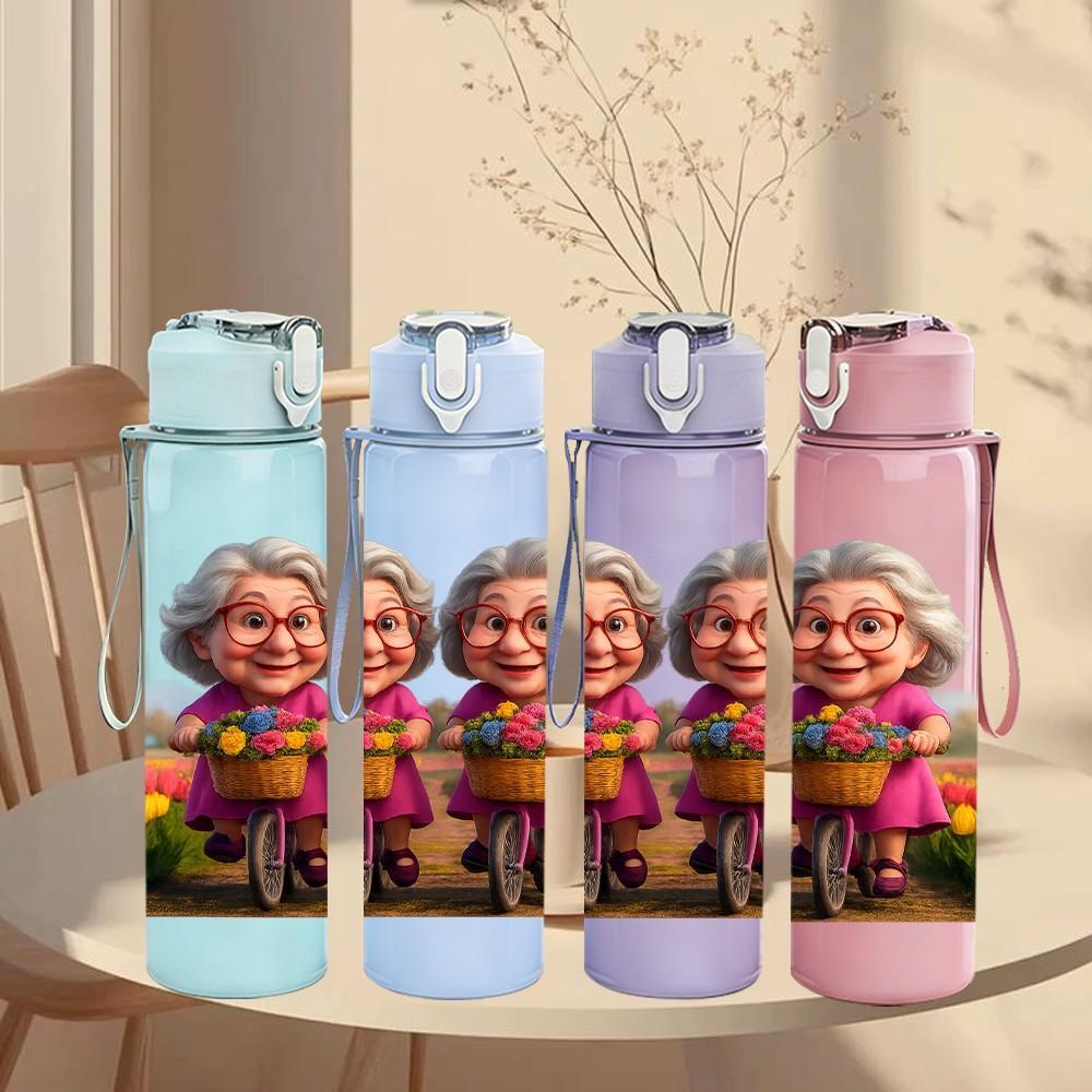 1PC Two Elderly Old Ladies Portrait Print 750ml Color Plastic Sports Water Bottle Leakproof Flip Straw Lid Suitable for Sports Office Home Use