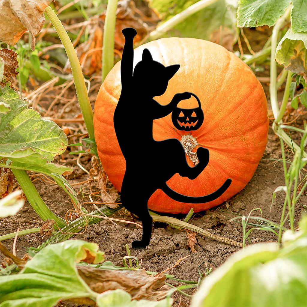 1Pc Iron Black Cat Garden Decoration Ground Plug, Halloween Garden Pile, Halloween Cat Logo, Dancing Cat Garden Decoration, Halloween Outdoor Decorat