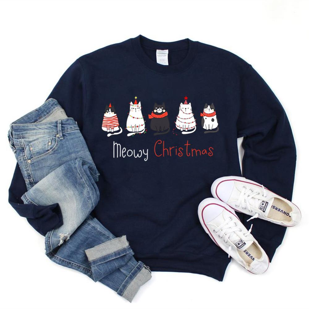 Hanorac unisex de Crăciun, pisică de Crăciun, Hanorac de Crăciun Fericit, Pulover de iubitor de pisici, Hanorac drăguț cu gâtul pe pisică Cadou pentru mama pisicii