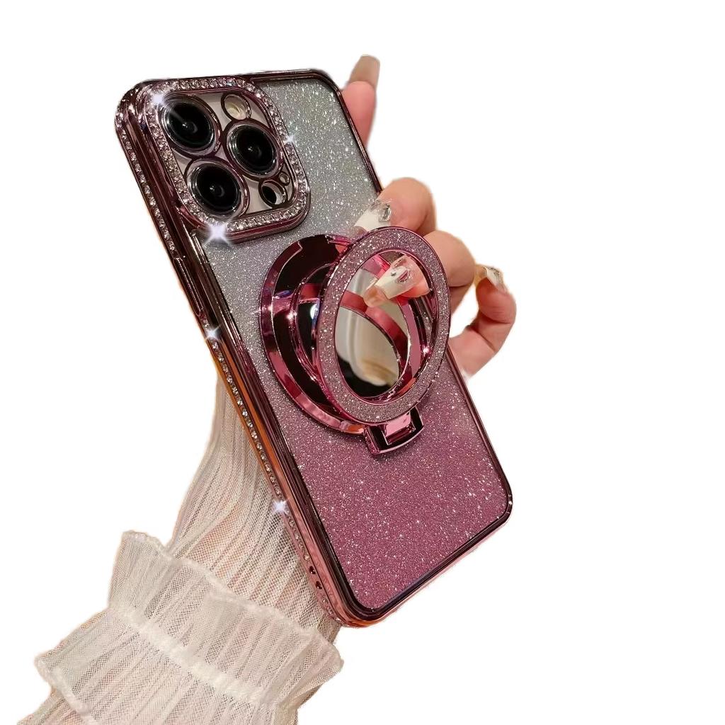 Luxury Plating Glitter Diamond Mirror Holder Bracket Cover Magnetic TPU Phone Case for iPhone 17 16 15 14 Plus 13 Pro Max 17 Air