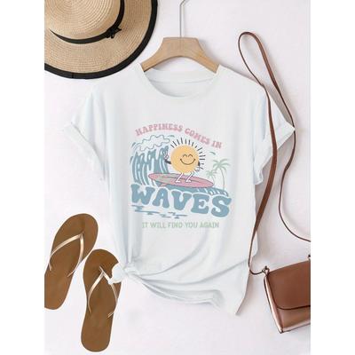 Europäische Größe Grafikdruck T-Shirt, Kurzarm Rundhals Lässiges Oberteil für Sommer & Frühling, Damenbekleidung