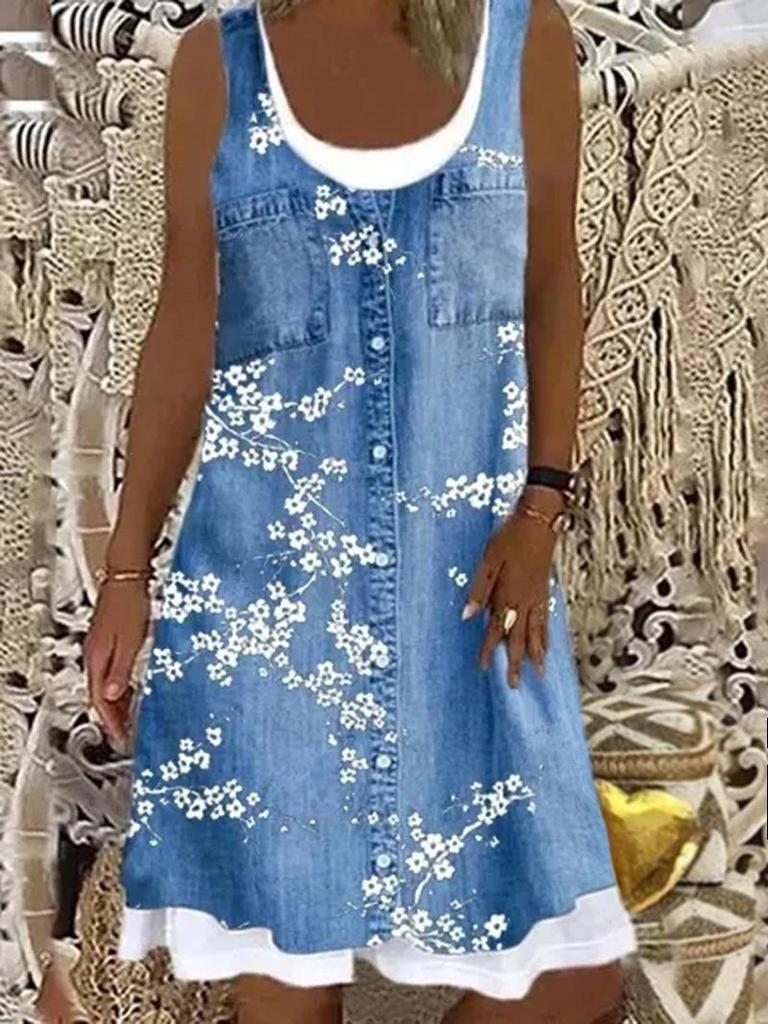 Fashionable Fake Two Denim Printed Casual Dresses