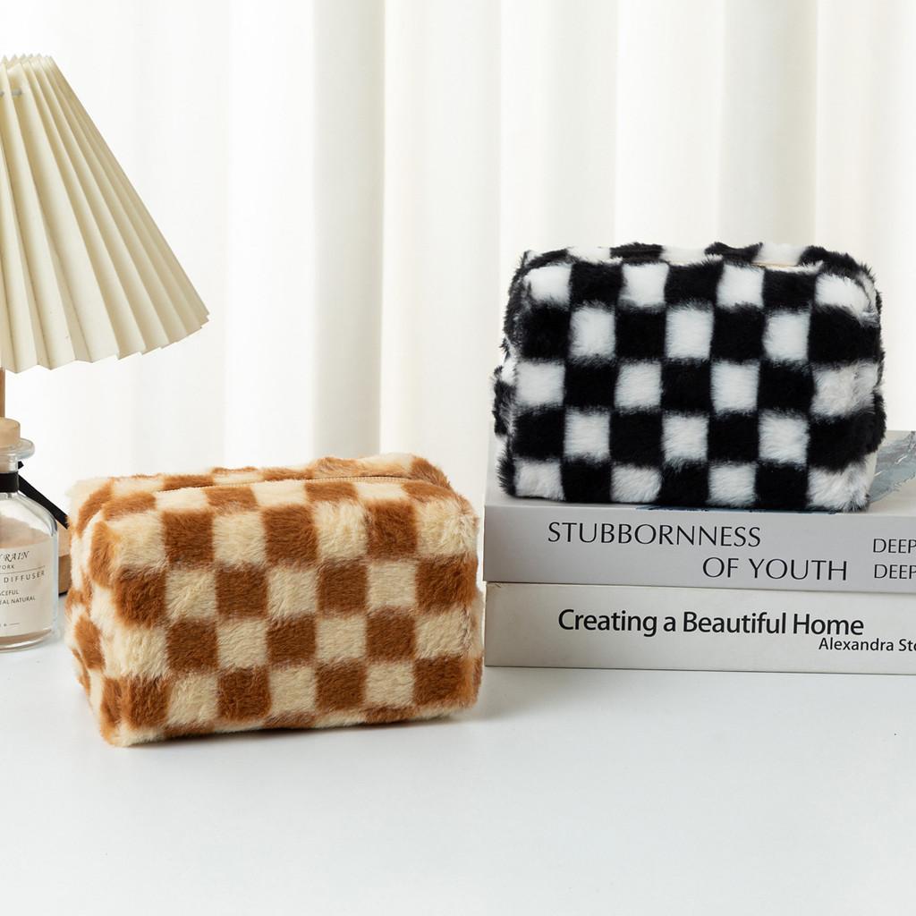 Plush Checkered Pencil Case With Breathable Fabric For Students And Daily Use