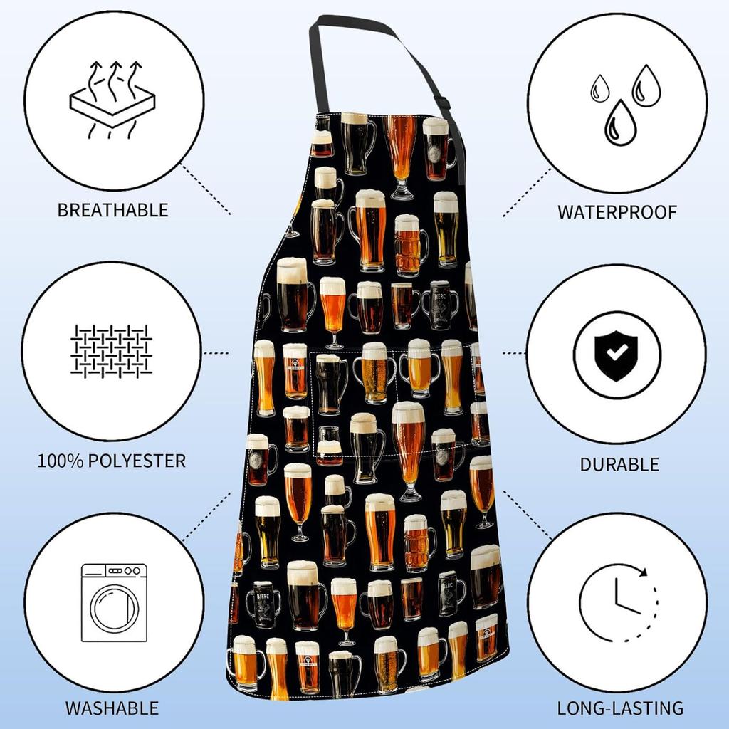 Beer Mug Apron for Women Men,28x33in,Fun Oktoberfest Kitchen Aprons with 2 Pockets,Oxford Fabric,Stylish Adjustable Apron for Cooking Baking BBQ