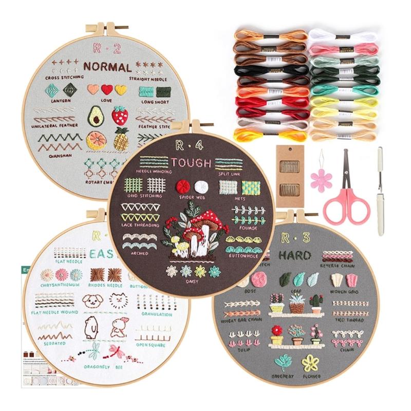 4Sets Flower Embroidery Set with Embroidery Pattern Beginner Embroidery Set with Instructions Stitching Supplies