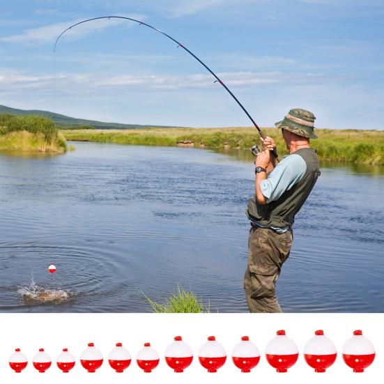 12Pcs Round Fishing Floats Mixed Sizes Lightweight High Visibility Red White Buoyancy Ball Buoy Bobber Float Saltwater Freshwater