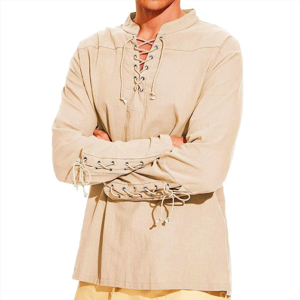 Men's 2023 Cotton Linen Long Sleeve Henley Shirt - Stand Collar, Casual Beach Style, European Size.