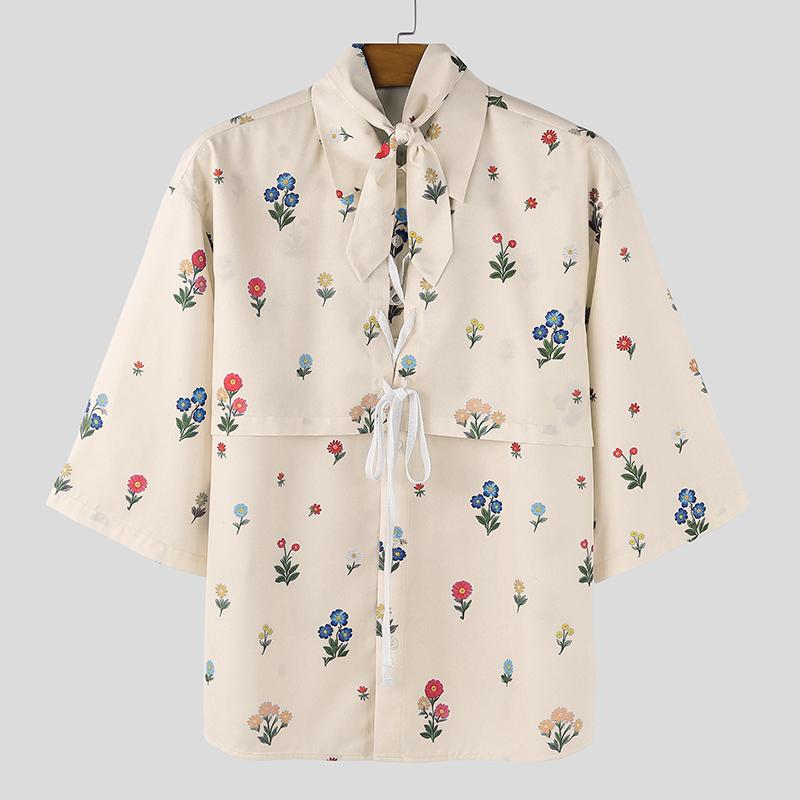 INCERUN Men Lapel Neck Short Sleeve Floral Print Lace-up Casual Hawaiian Summer Shirts