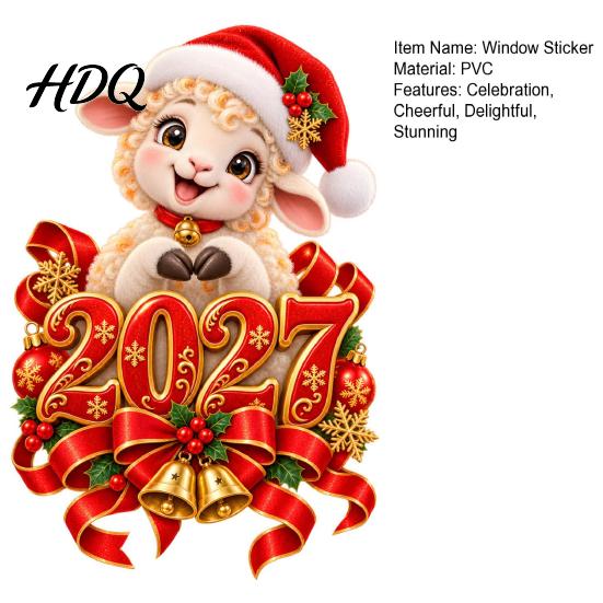 New Year Window Clings of The Sheep Cling 2027 Static Sticker Christmas Cartoon Easy Apply Glass Surface Decals Goat Decal with Santa Hat And Bells