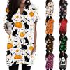 Women V Neck Pullover Dress Short Sleeve Halloween Print Pocket Casual Loose Fit Tunic Dress