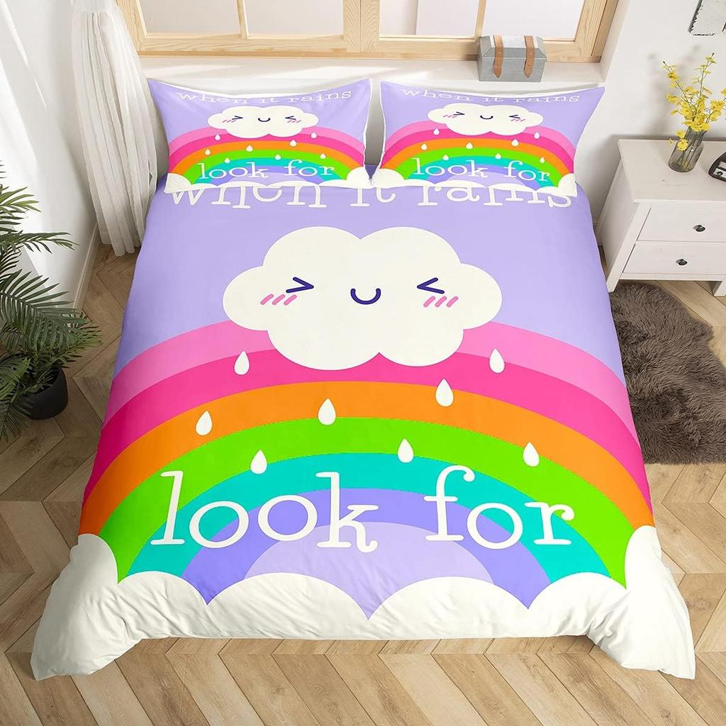 Kawaii Rainbow Duvet Cover Cartoon Iridescent Print Bedding Set For Girls Kids Room Twin,Cute Stars Clouds Decor Comforter Cover