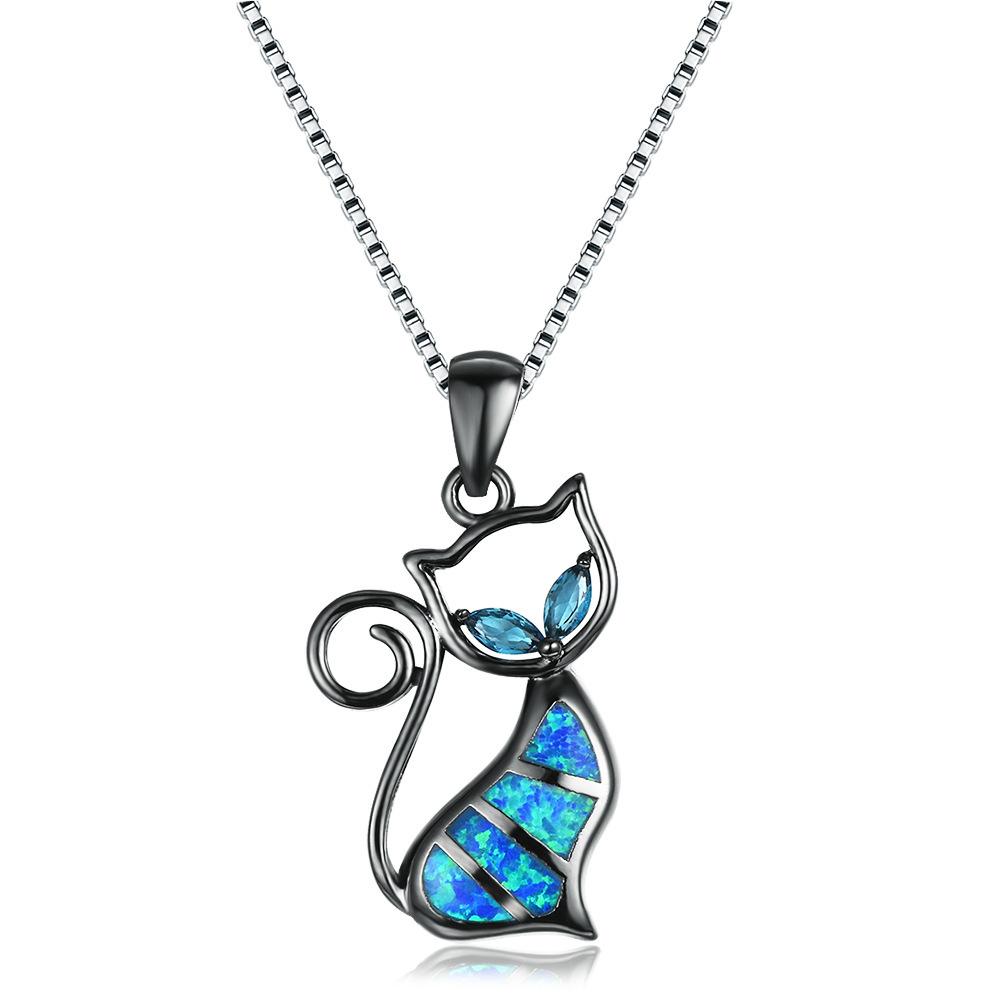 New European and American Fashion Accessories Two Water Blue Diamond Blue Cat Pendant Necklace