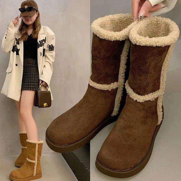 Foreign suede lamb wool medium tube short boots women's two wear autumn and winter 2025 new velvet warm and thin snow boots