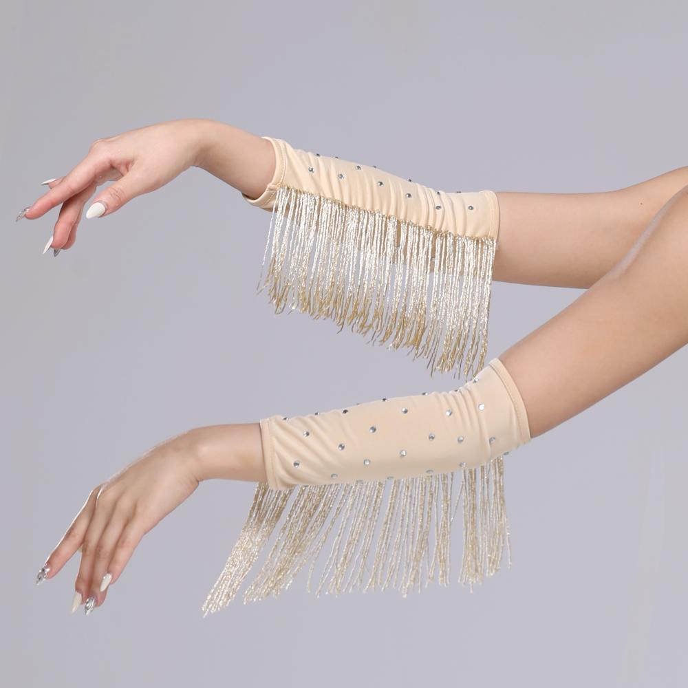 

Performance Stage Latin Dance Fringed Sleeves Drilling Rhinestone Flash Women s Arm Sleeves Solid Color Latin Dance Costumes абрикосовий