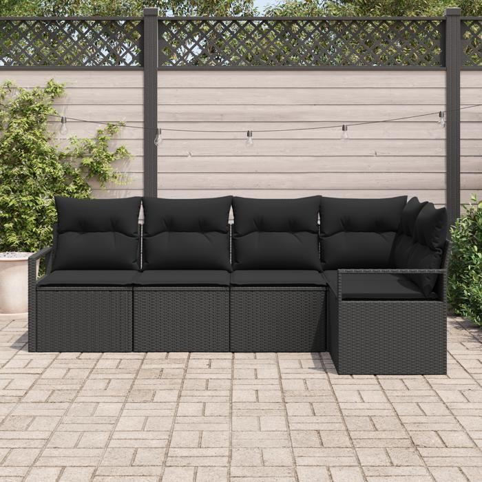 Ensemble de canapé de jardin 5 pièces avec coussins en poly rotin noir, Canapé de jardin 2 places avec coussins en poly 3346383