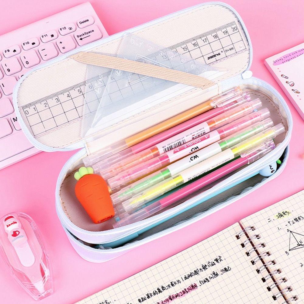 Ins Double Layer Pencil Case Cartoon Design Waterproof Pen Bag Portable Large Capacity Stationery Pouch Student Supplies