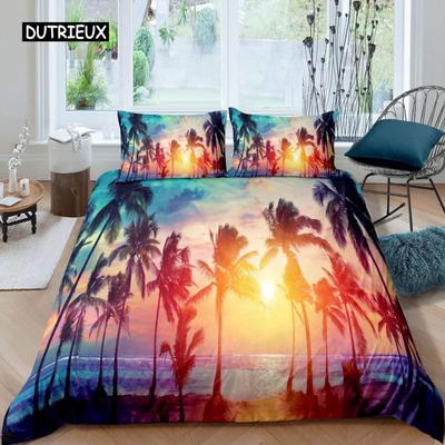 Palmen Bettbezug Set Atollsee Bettwäsche Set Miami Florida Sonnenuntergang Bettdeckenbezug Atlantischer Ozean Naturszene Steppdeckenbezug