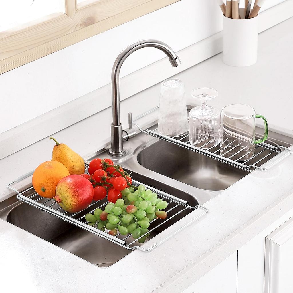 Susunnus Drainer Rack Drainer Basket Small Items Basket Telescopic Sliding Adjustable Automatic Drain Stainless Steel Kitchen Storage Kitchen Storage