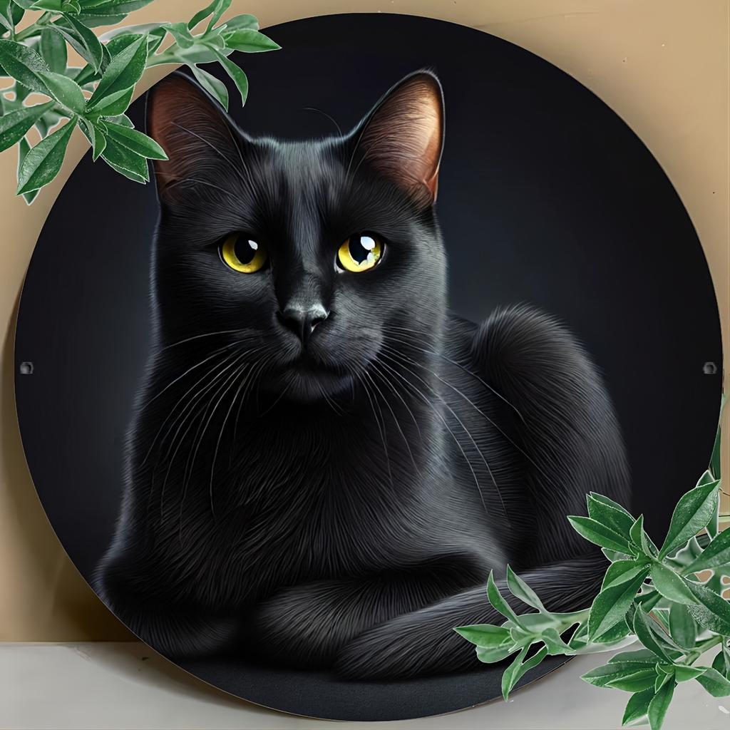 Black Cat with Yellow Eyes Realistic Round Metal Sign D Flat Printed Feline Portrait Art Tin Plaque Cat Lover Pet Home Livi