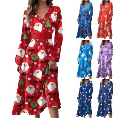 Women's Autumn And Winter Casual Fashion V-neck Long Sleeve Christmas Print Long Dress
